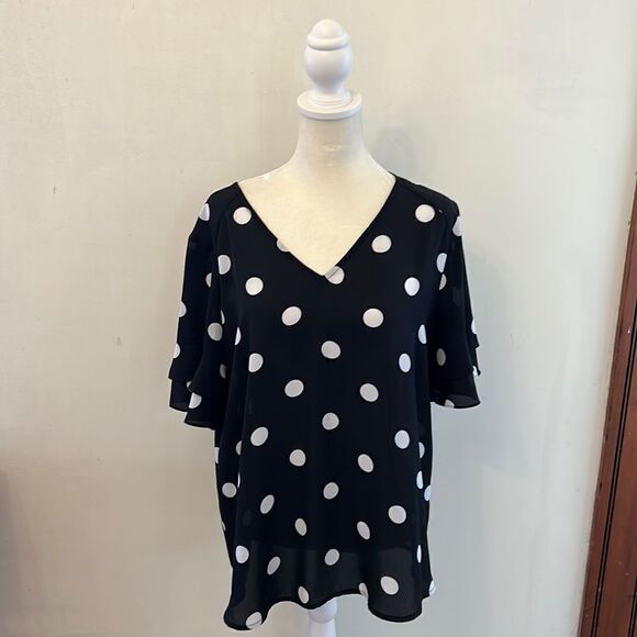 Worthington black white circles short ruffle sleeve blouse Size L - Picture 1 of 7